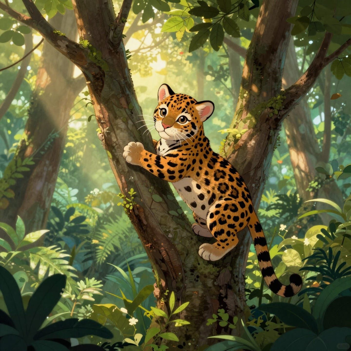 Cute Jaguar Kitten Climbing Tree in Rainforest