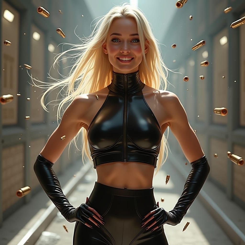 Hyperrealistic Scene of a Confident Woman in Latex Amidst a...