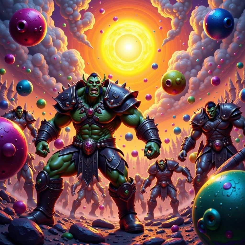 Vibrant Orcs Engage in Epic Battle with Colorful Bouncy Ball...