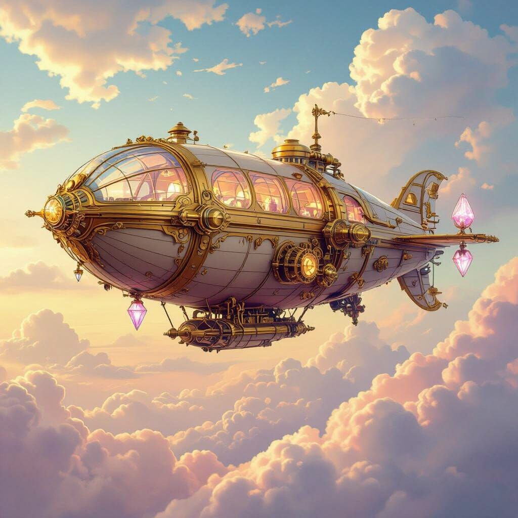 Steampunk Airship Soaring Through Cloud-Filled Sky, Art Nouv...
