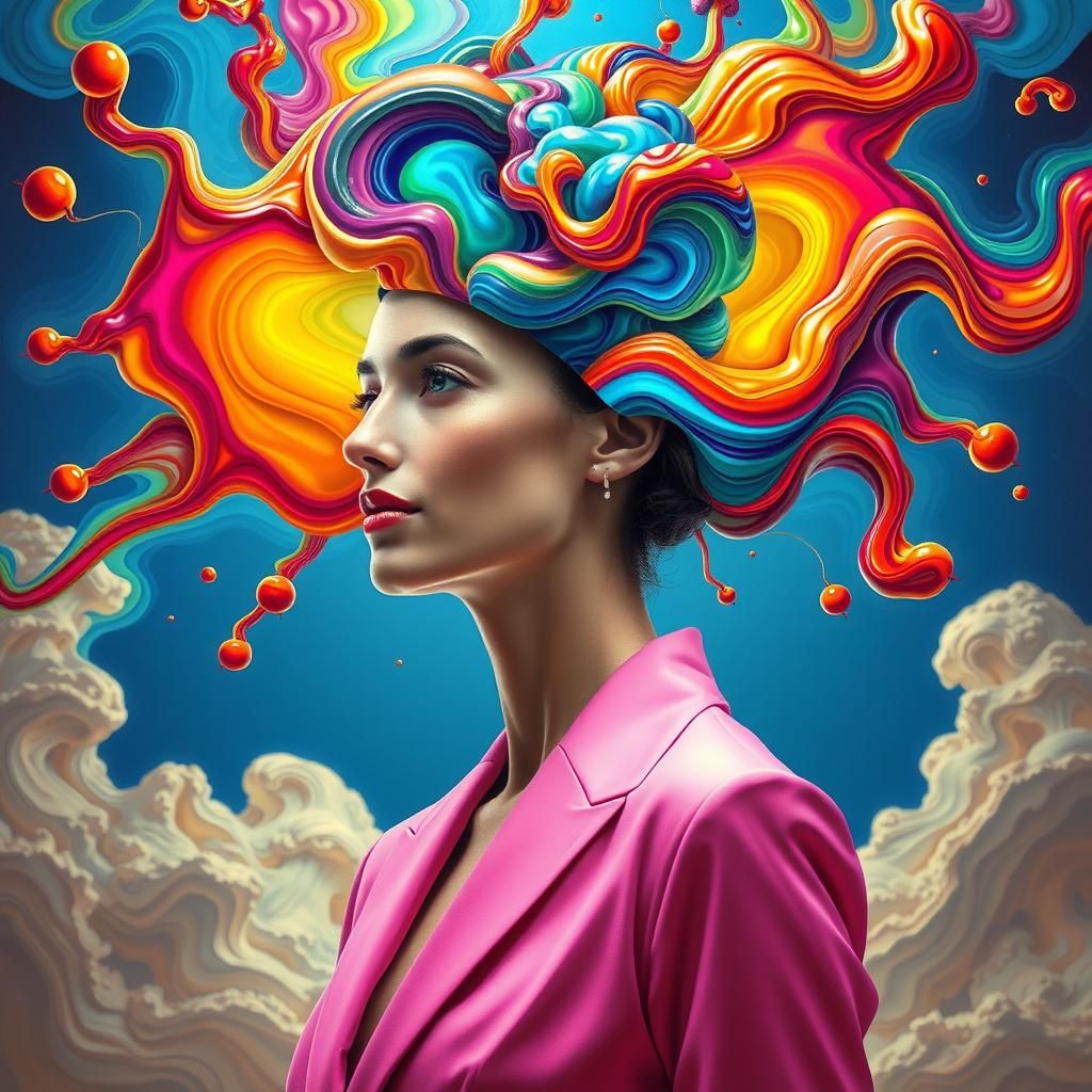 Psychedelic Mindscape: Woman's Thoughts in Vibrant Abstract