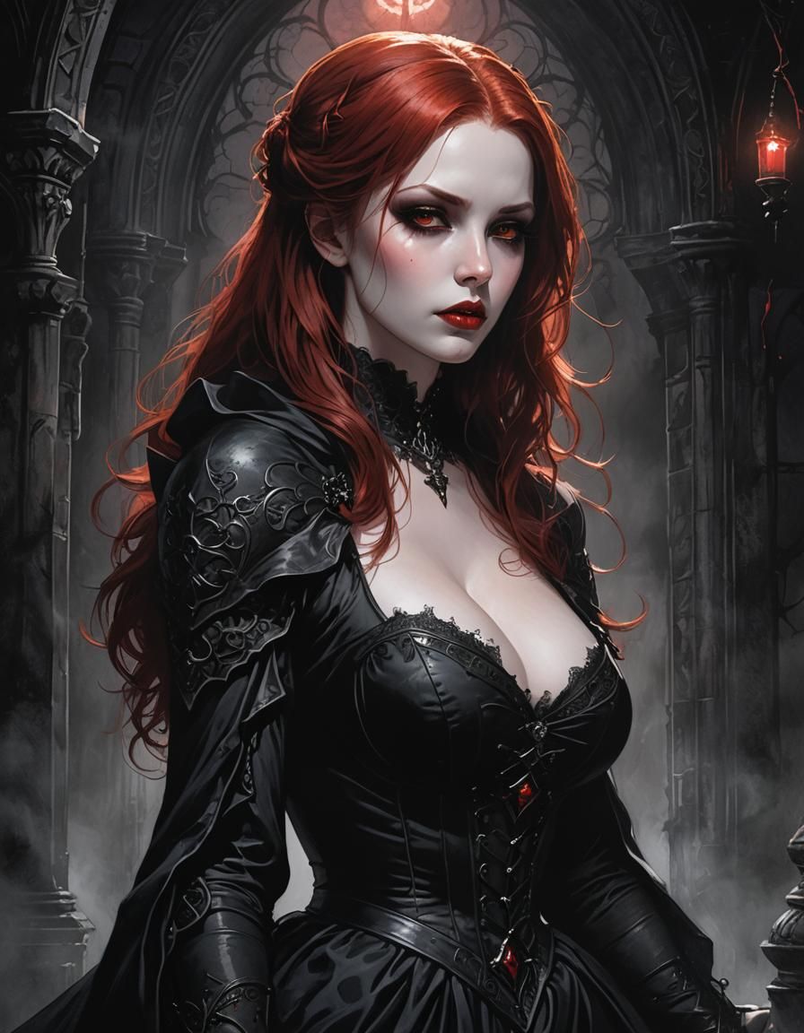 Redhead Vampire in Gothic Setting, Dark Fantasy Art