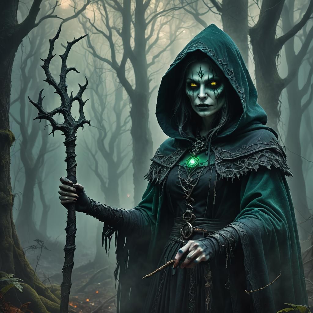 Mysterious Evil Witch in Misty Forest, Gothic Art