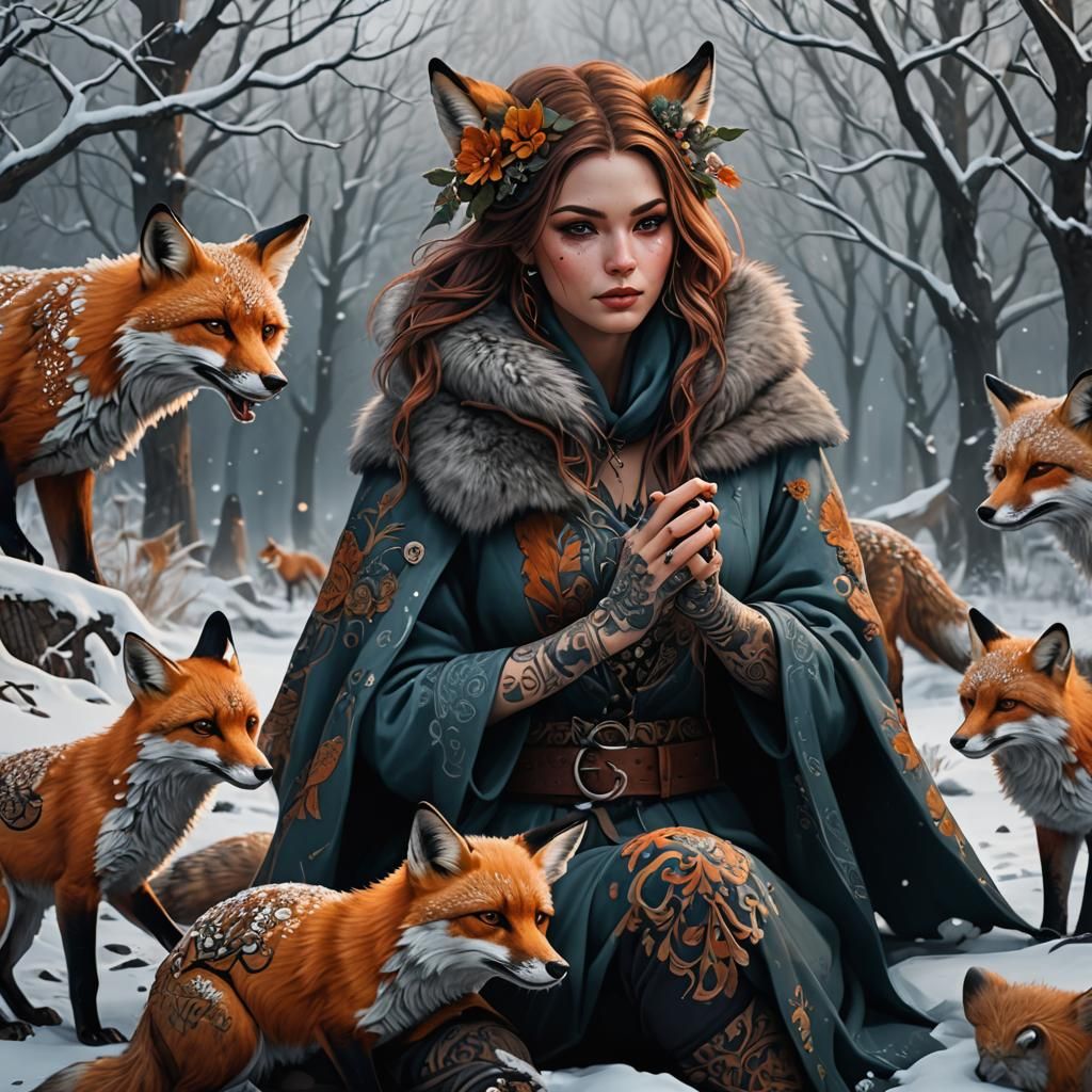 Tattooed Woman with Arctic Foxes in Winter