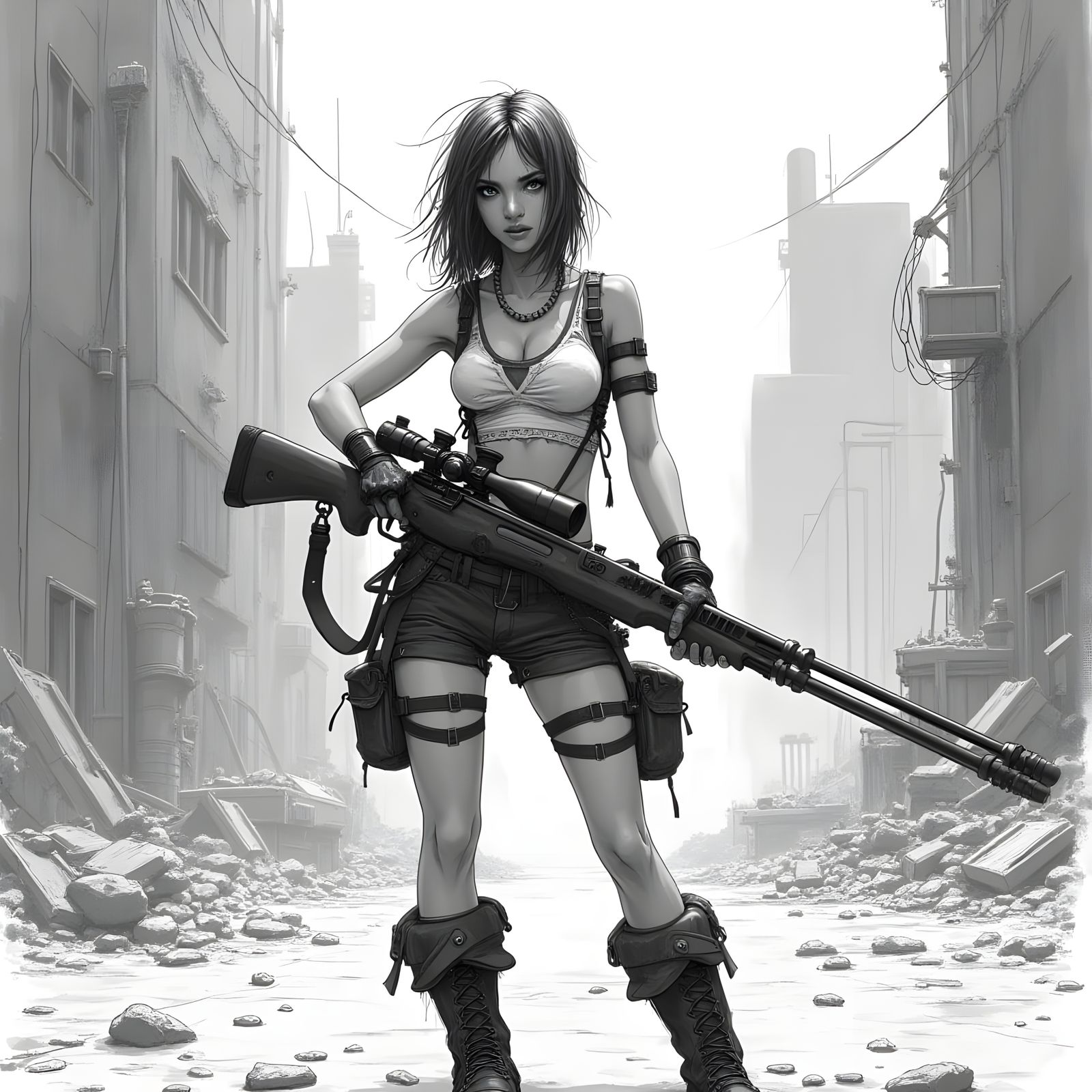 Steampunk Tattooed Girl with Sniper Rifle in Gritty Sketch