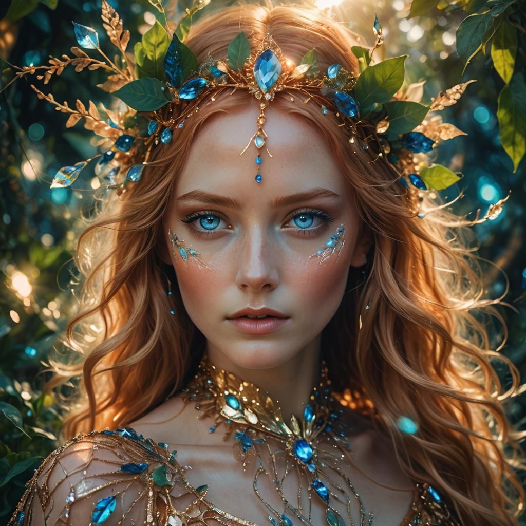 Mystical Woman with Golden Hair in Lush Landscape