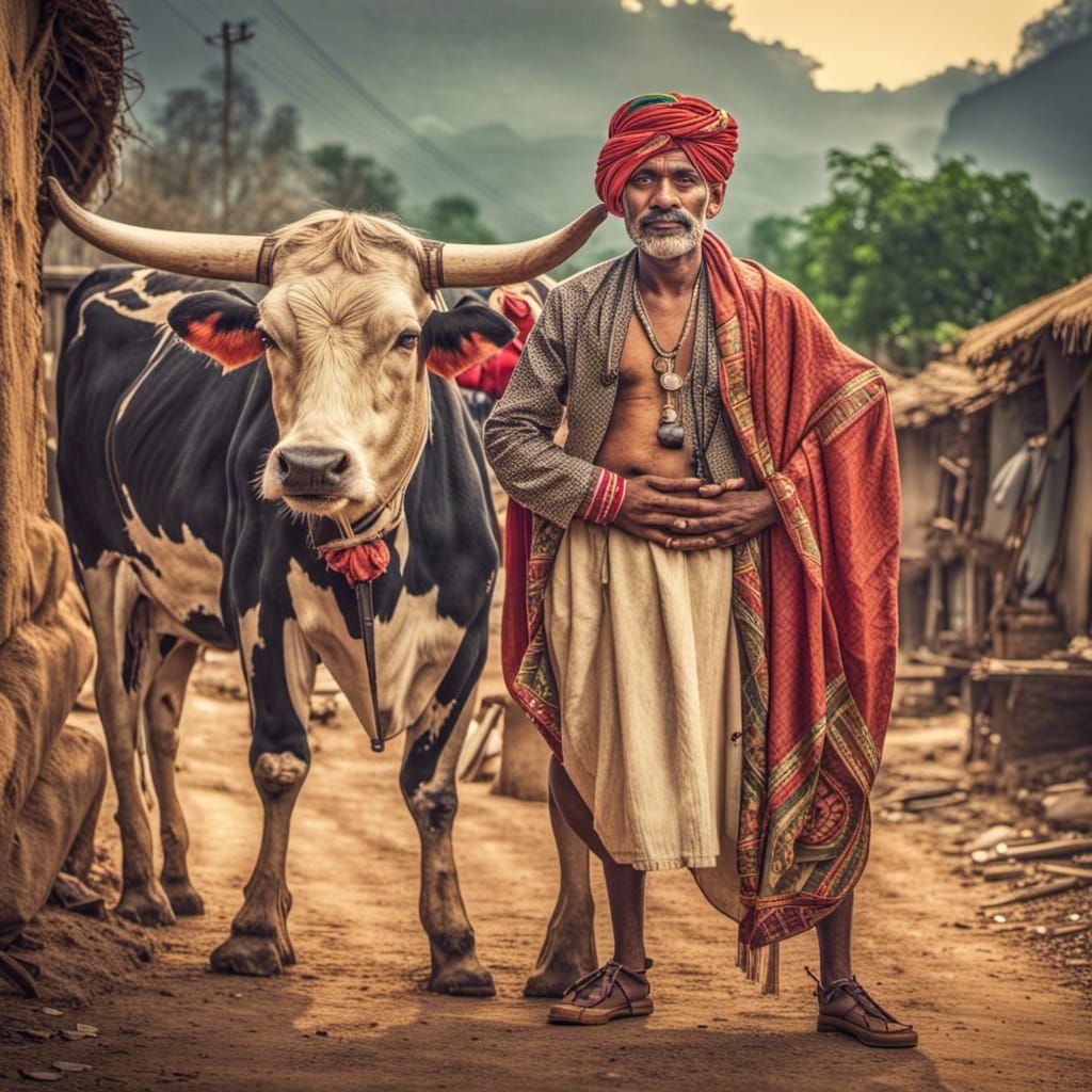 Cartoon Portrait: Village Scene with Man, Cow, and Women