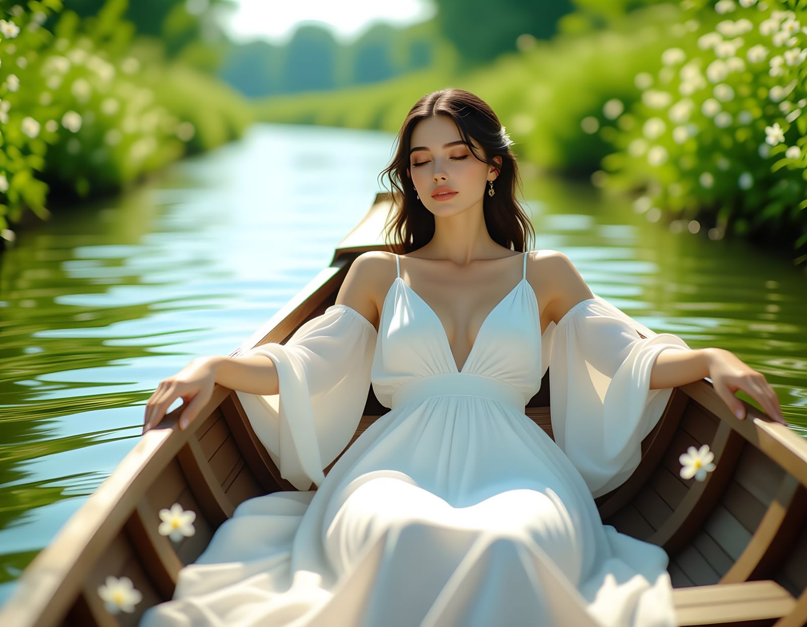 Woman in Boat on River: Floral Art, 3D Render