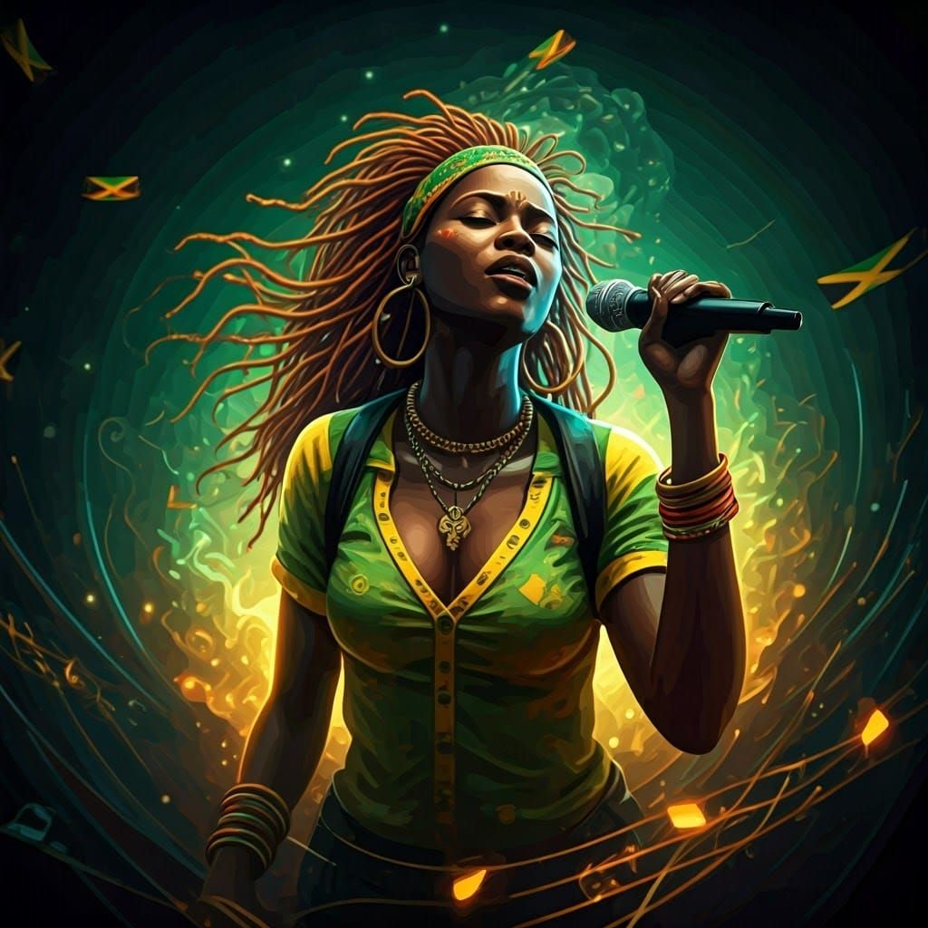 Psychedelic Dancehall Singer in Dreamlike Scene