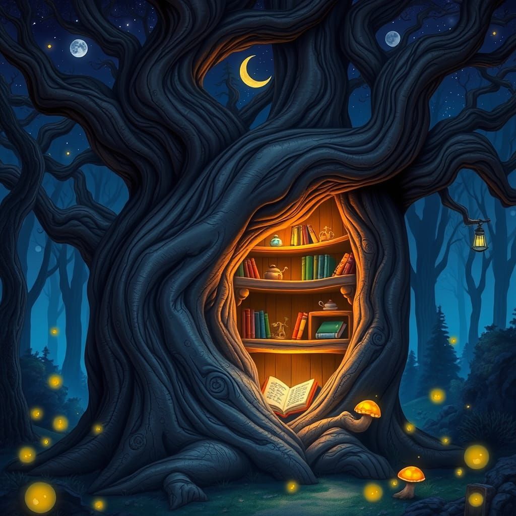 Ancient Tree with Book Nook in Twilight Forest