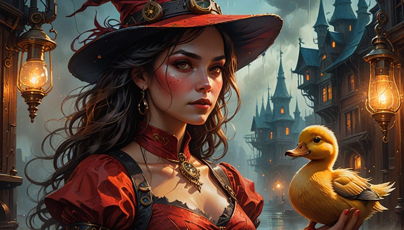 Steampunk Witch with Duck in Comic Book Style