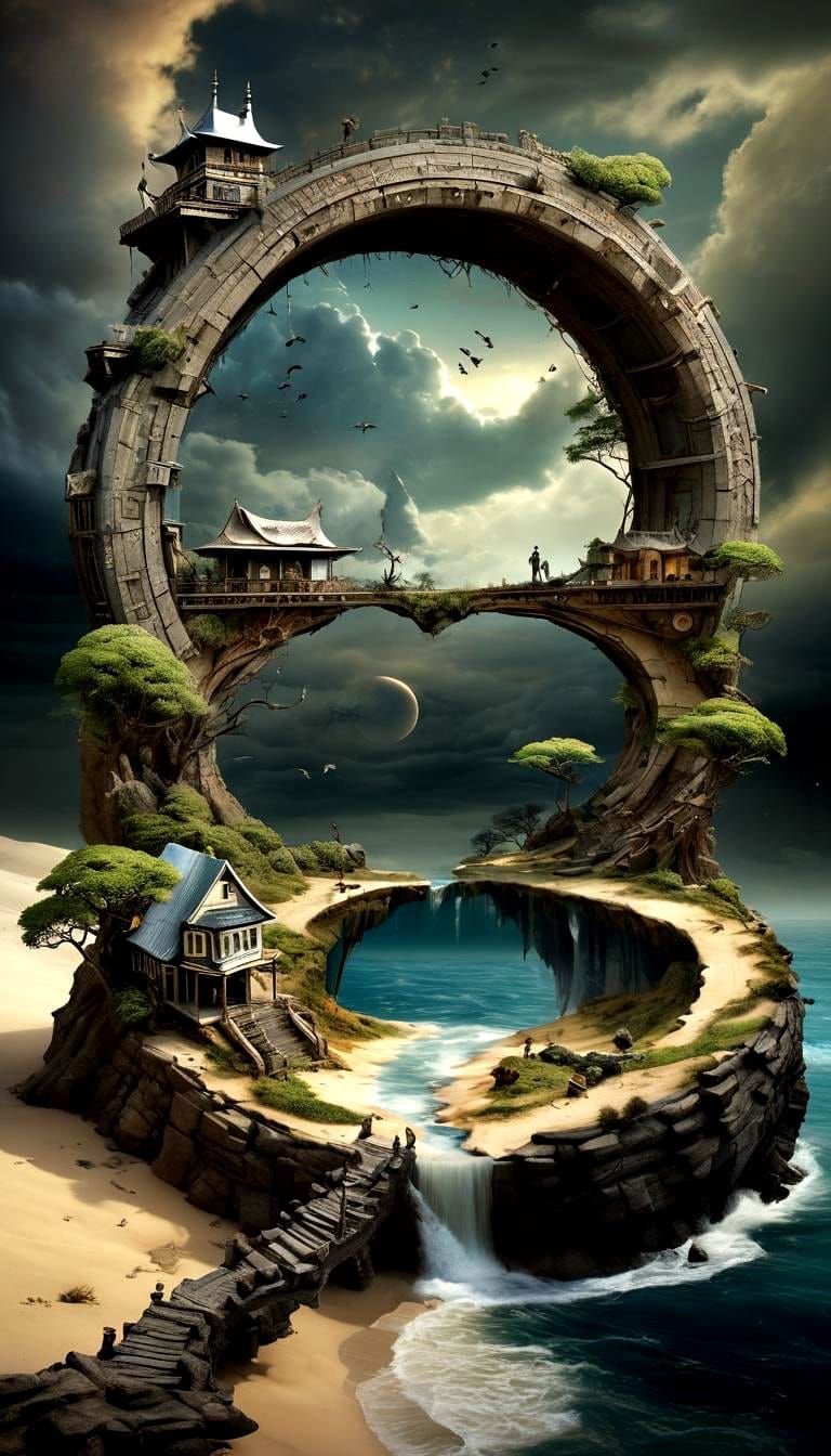 Surreal Stargate Scene with Bonsai and Ship