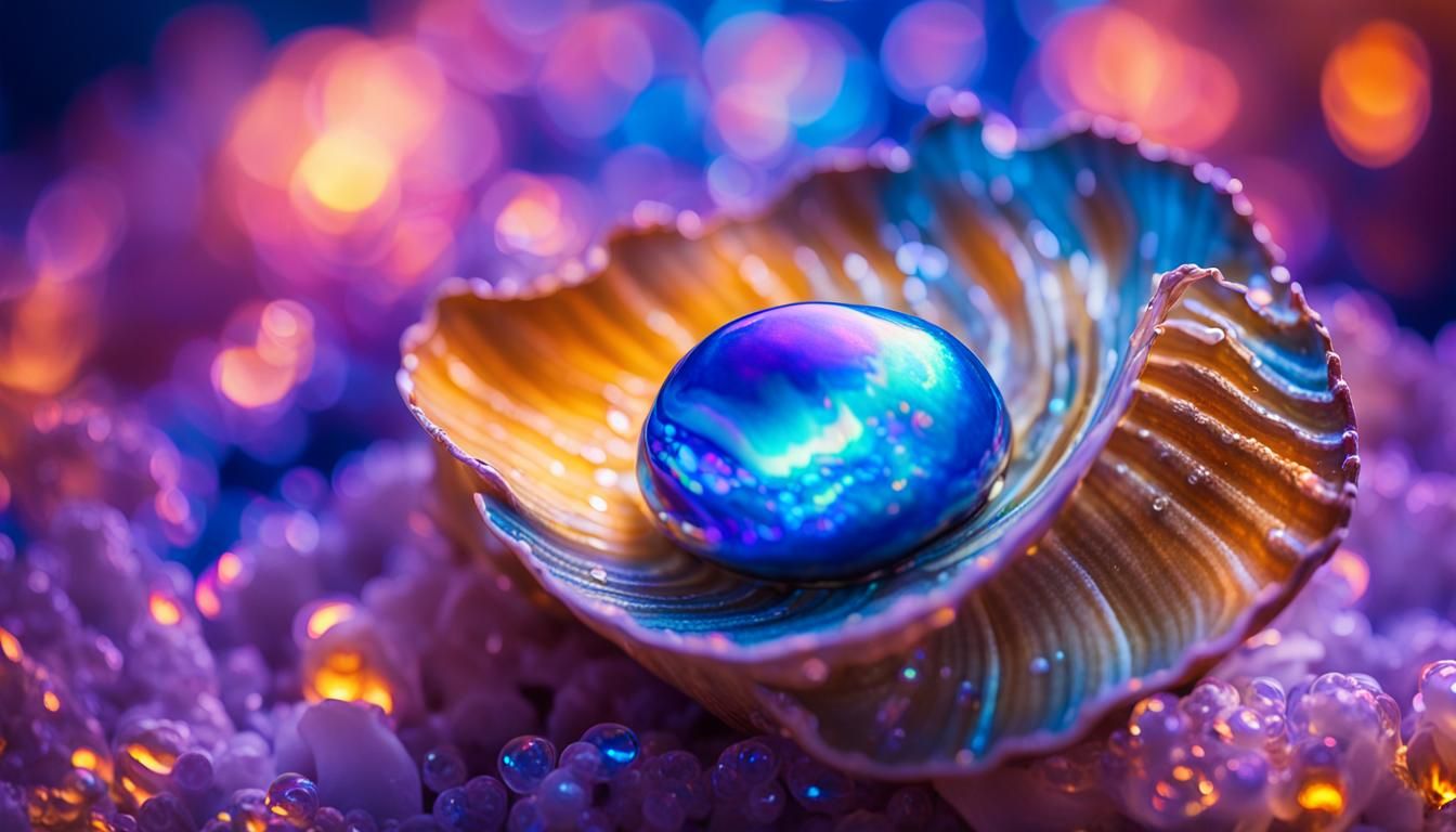 "An  FANTASTICAL OPEN CLAM WITH A FLOURESCENT BLUE PEARL