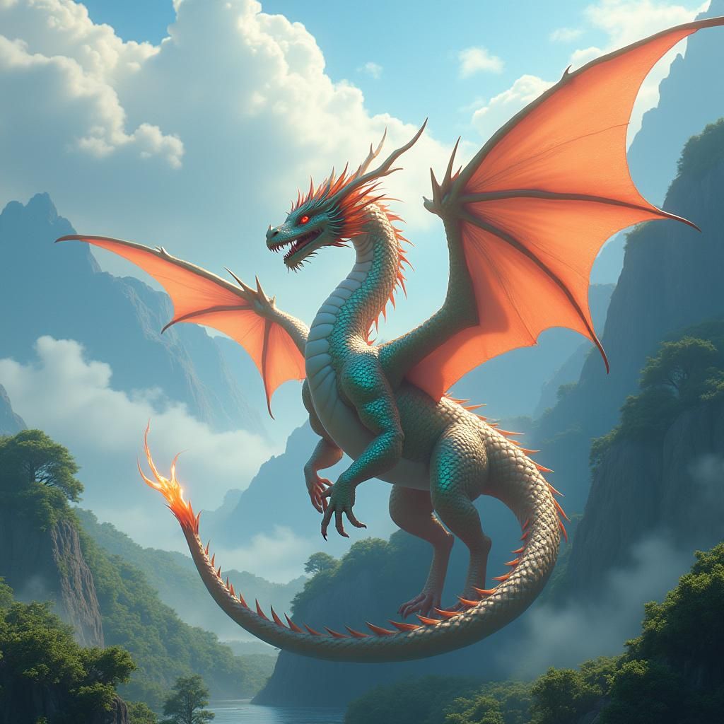 Iridescent Dragon in Misty Valley, 3D Anime Art