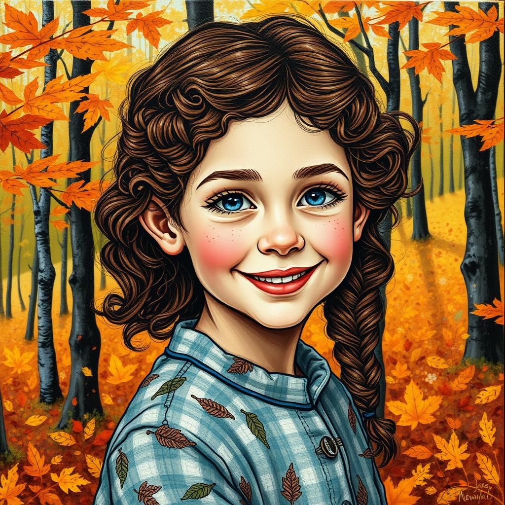 Smiling Girl Portrait in Autumn Forest, Acrylic Style