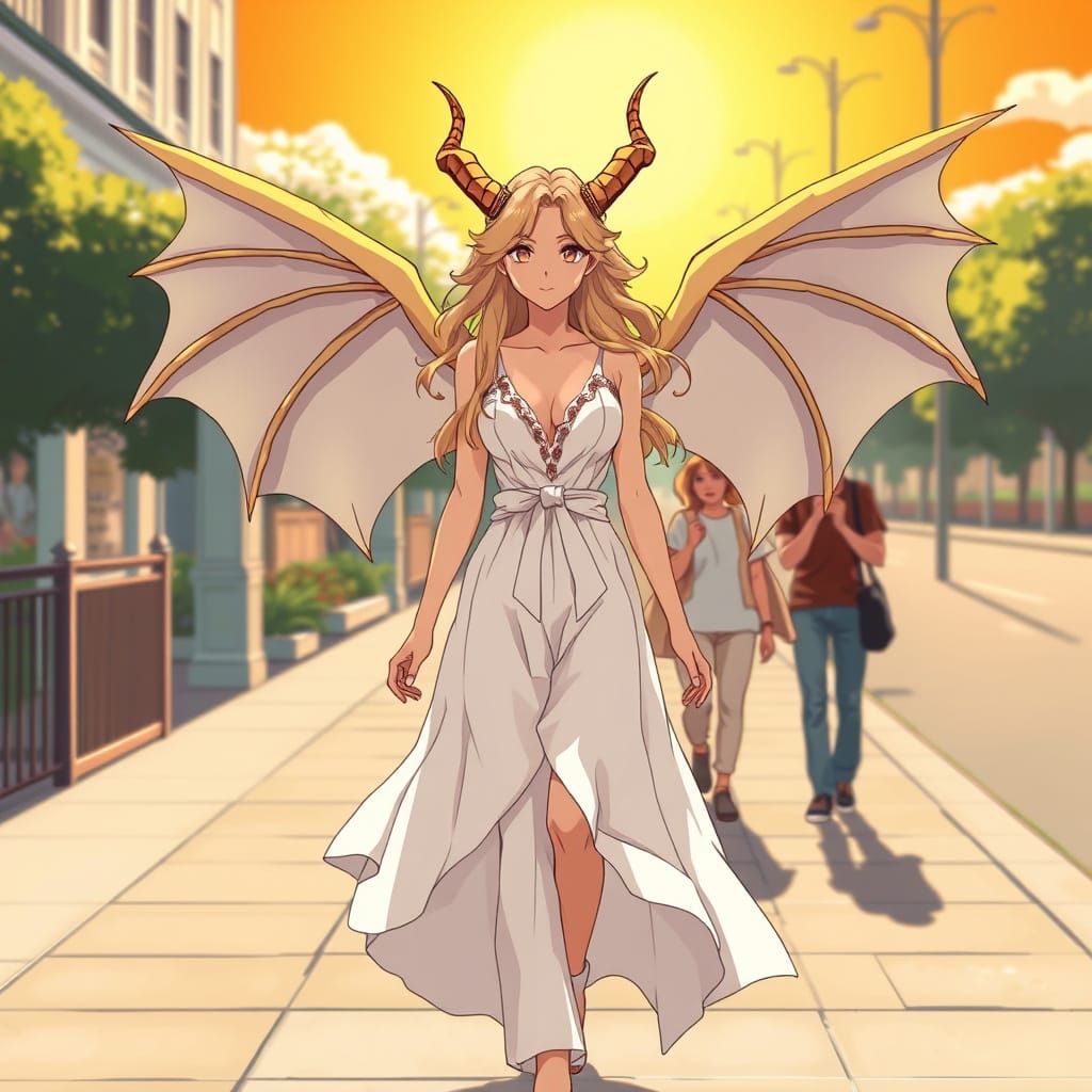 Anime Woman with Dragon Wings in Sunlight