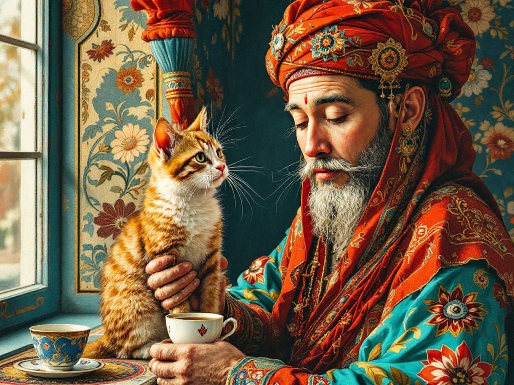 Whimsical Ottoman Scene of Feline Intimacy