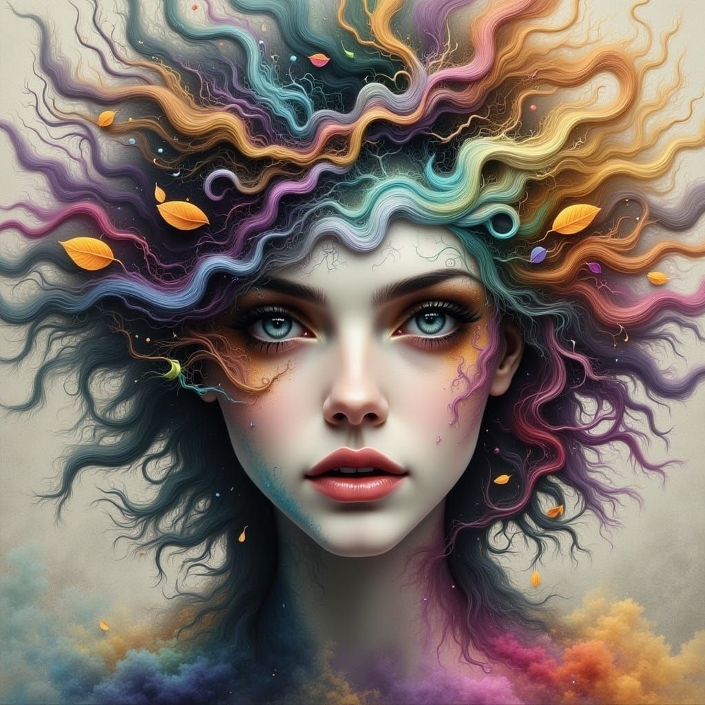 Enigmatic Woman Portrait with Swirling Hair in Surrealist St...