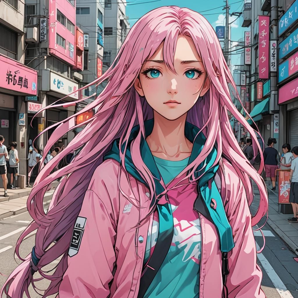 Anime Girl with Cyan Hair in Japanese City