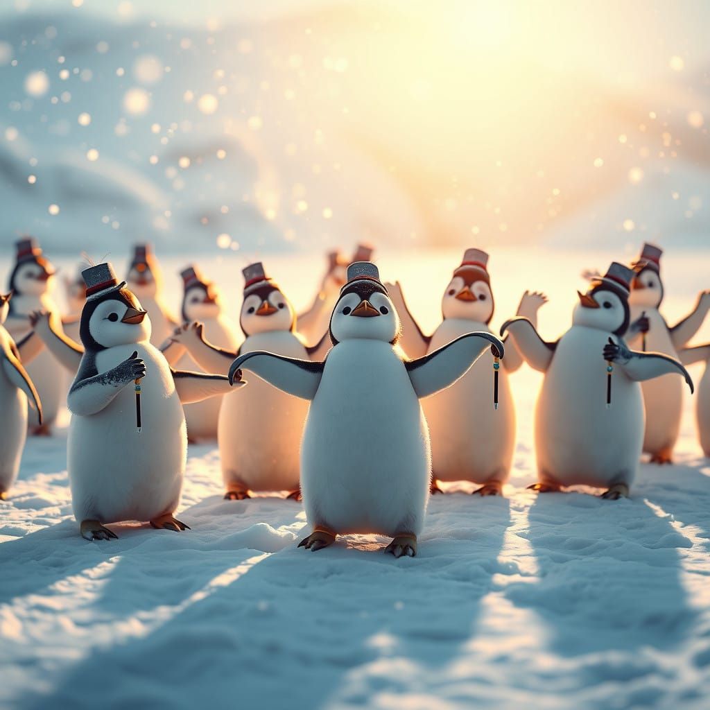 Adorable Penguins Dance in Whimsical Winter Wonderland