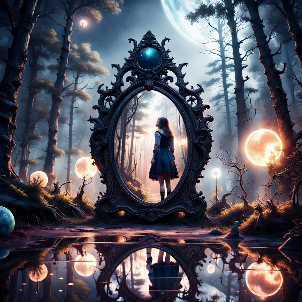 Girl Enters Mirror in Dark Forest, Matte Painting