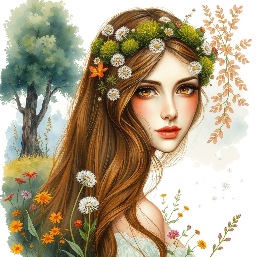 Ethereal Woman in Whimsical Watercolor Wonderland