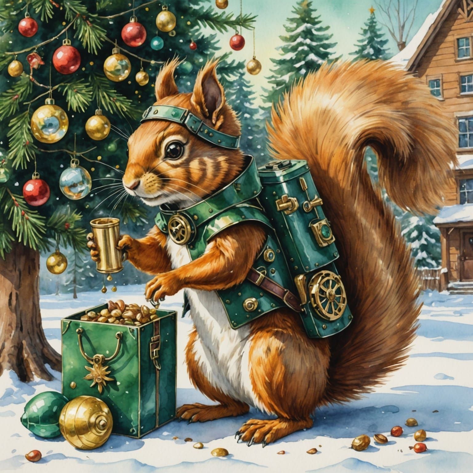 Steampunk Squirrel Caroling Under Christmas Tree