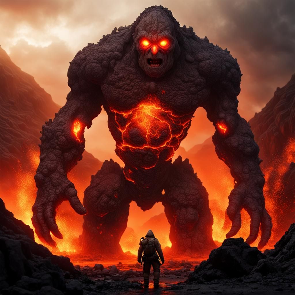 Fiery Golem in Volcanic Landscape