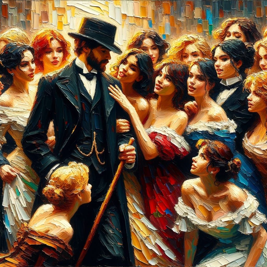 Gentleman Flirts with Diverse Women in Vintage Scene