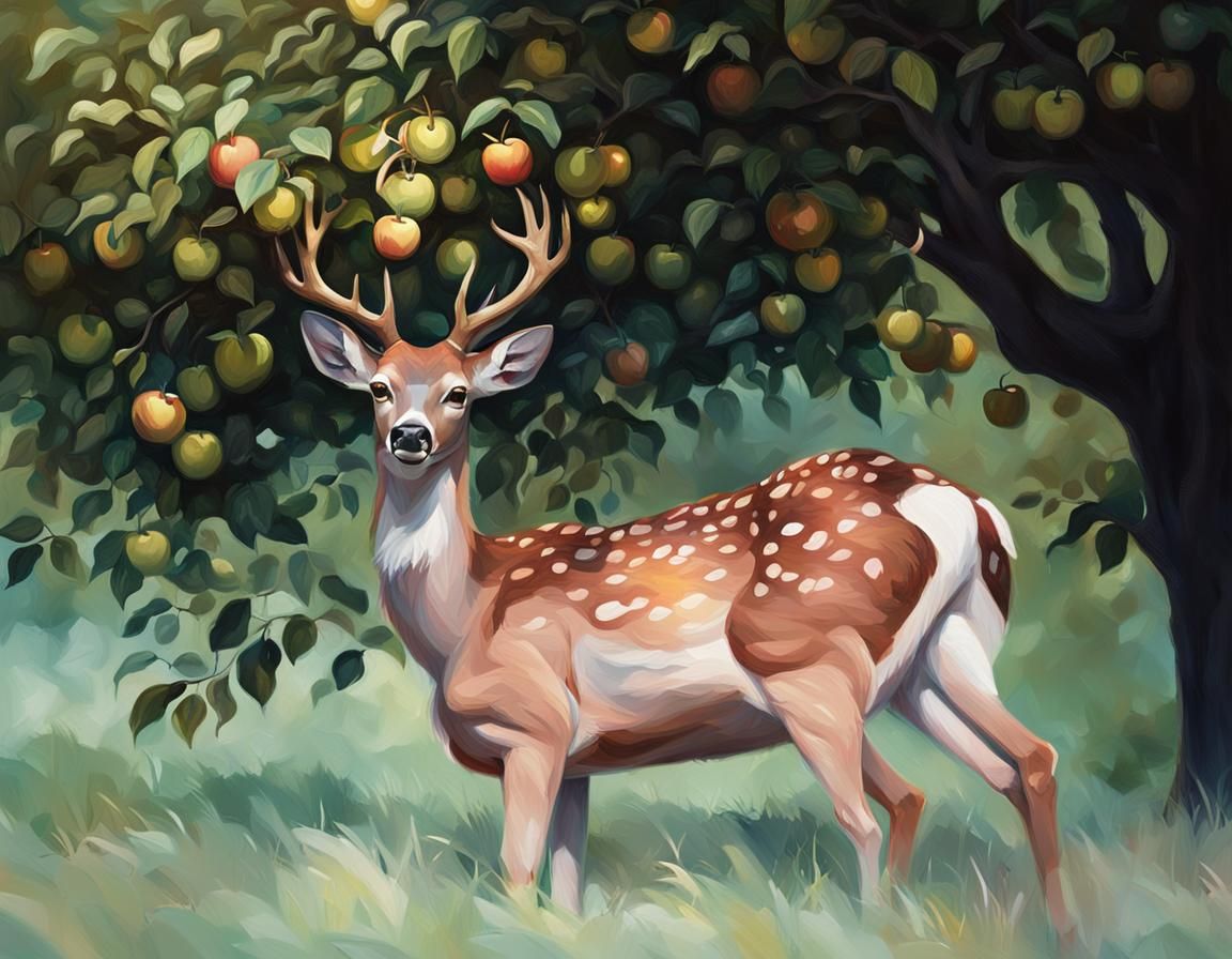 Deer Eating Apple in Dreamy Oil Painting