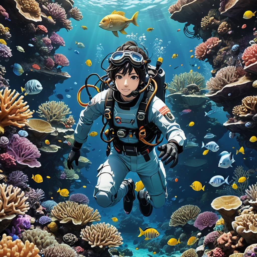 Anime Boy Diver Explores Cerulean Ocean Depths