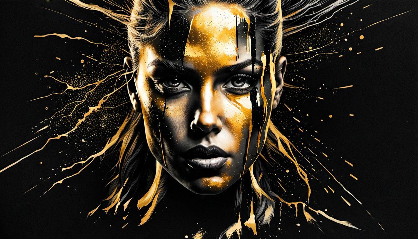 Emotional Double Exposure Charcoal Art with Gold Ink