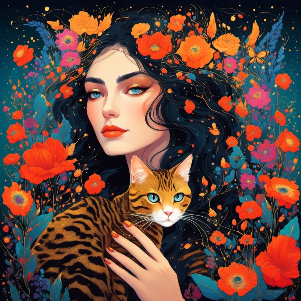 Woman and Cat in Magical Forest with Gildings