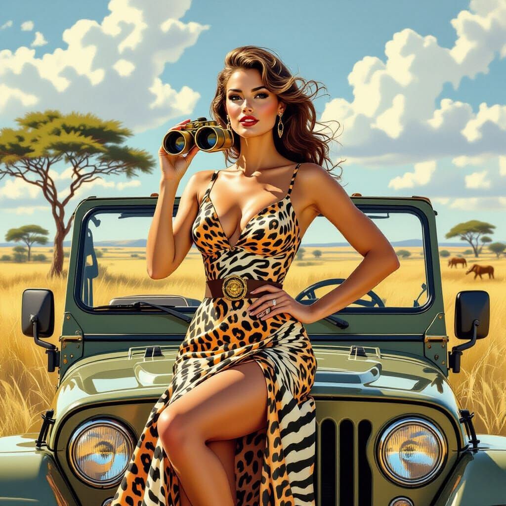 Woman in Safari Dress Poses on Vintage Jeep