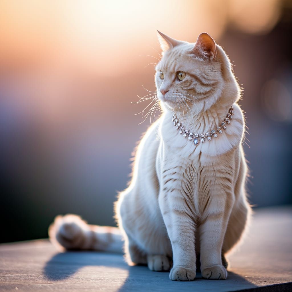 Golden Cat with Jeweled Necklace at Sunset