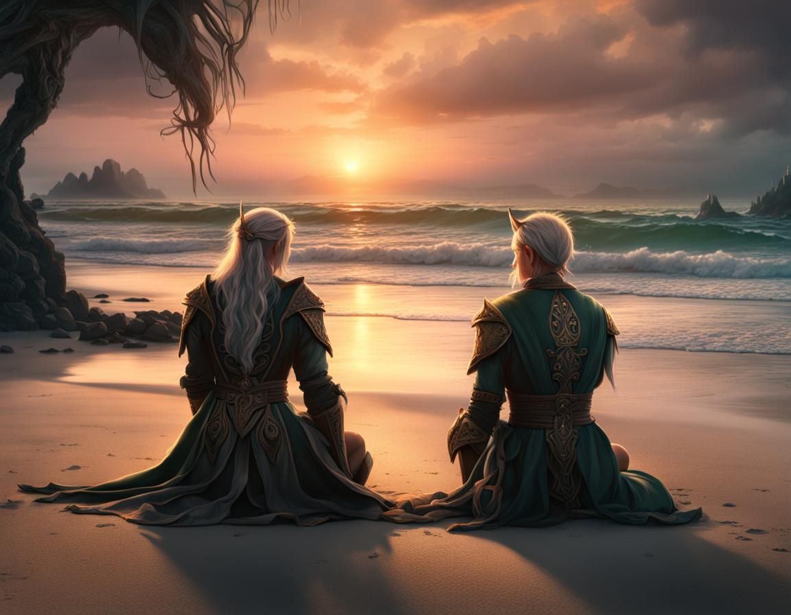 Elves Watch Sunset: Epic Cinematic Digital Painting