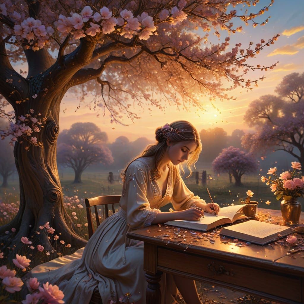Surreal Writer Under Flowering Tree at Twilight
