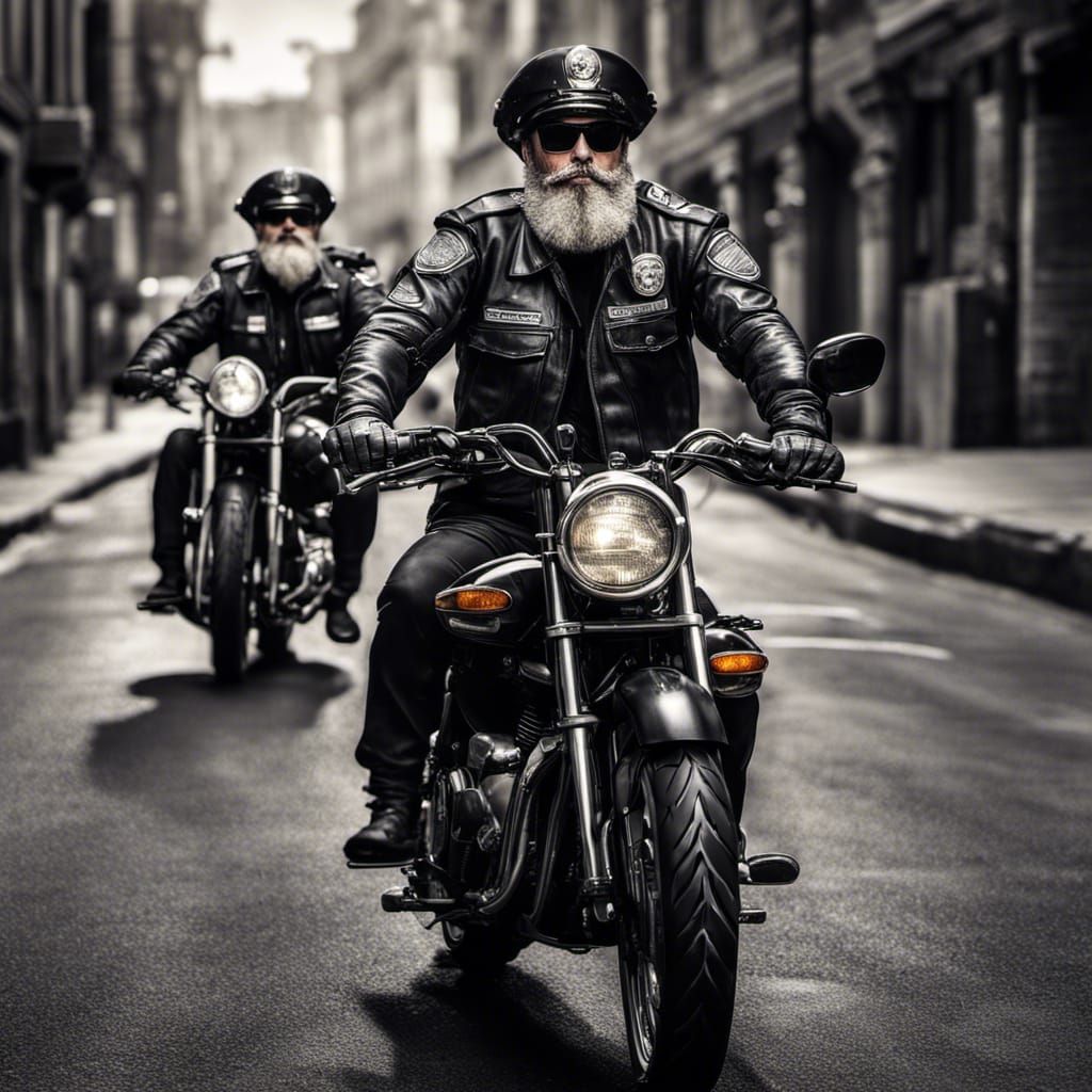Leather-clad Police on Motorcycle: Hyperrealistic Image