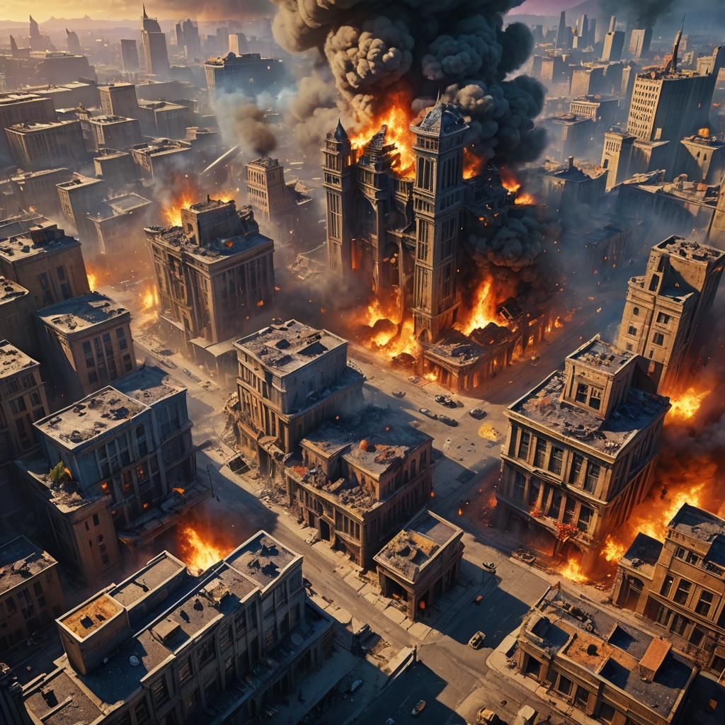 Apocalyptic Cityscape in Flames: Fantasy Concept Art