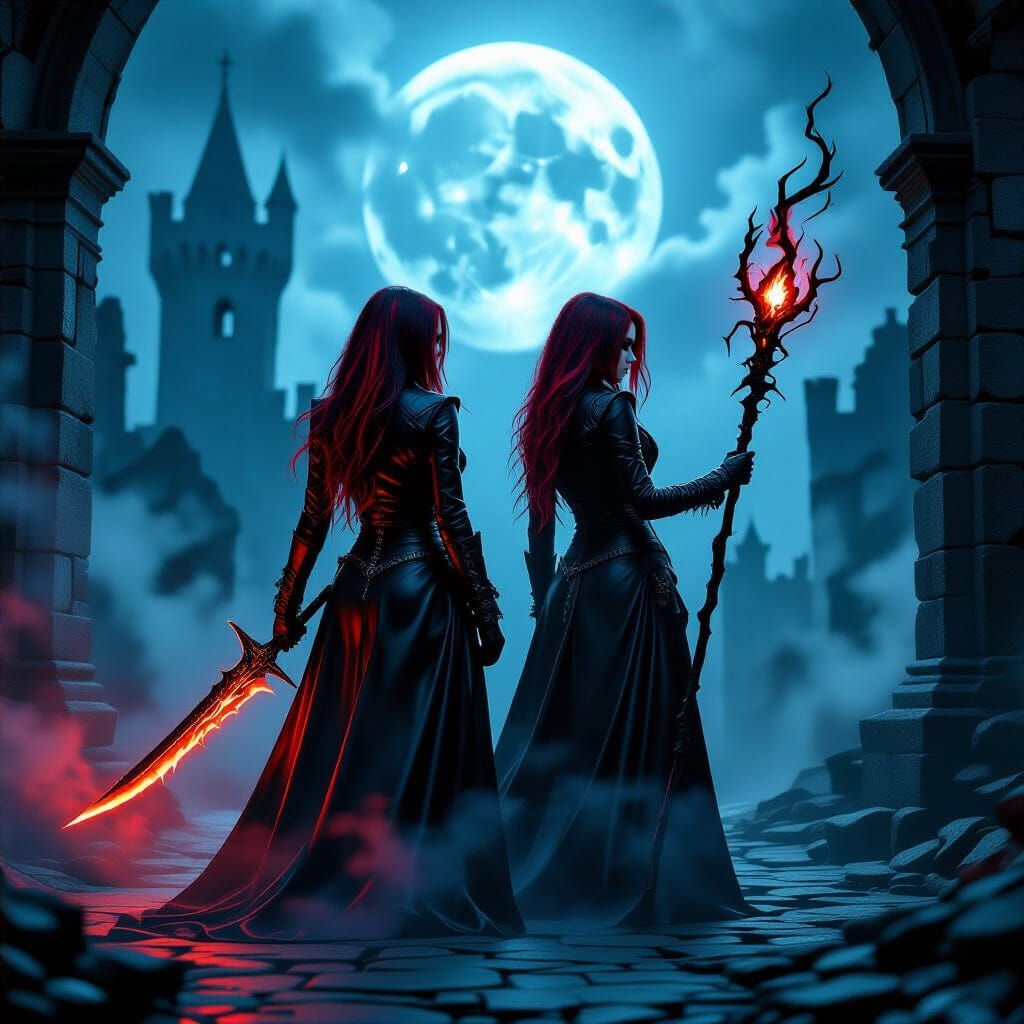 Diabolical Twins in Gothic Castle Courtyard