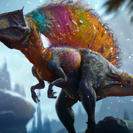 Colorful Feathered Dinosaur in Detailed Matte Painting