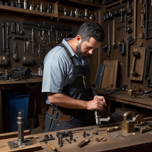 Hyperrealistic Locksmith Crafting Key in Workshop