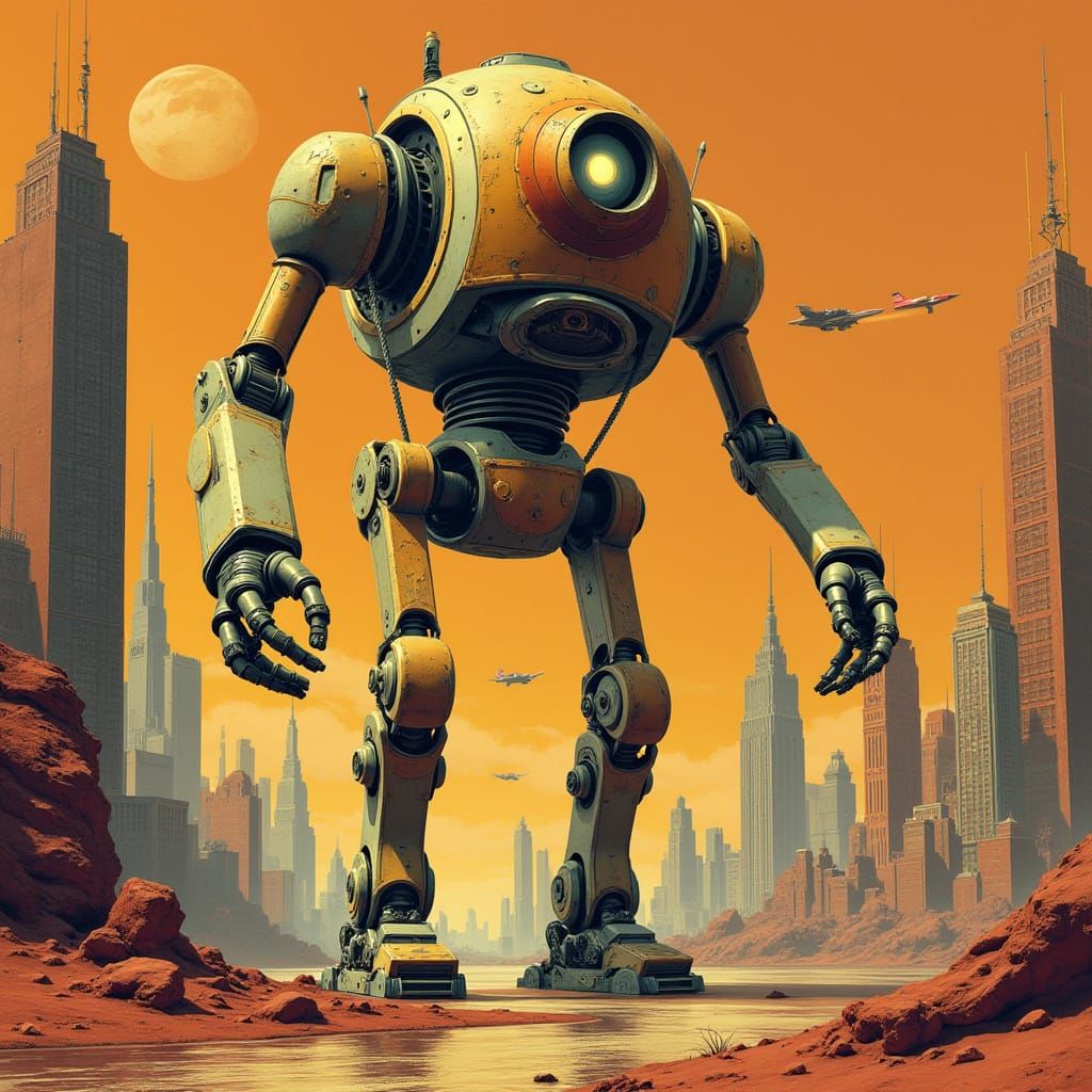 Art Deco Robot Navigating Retro Mars Metropolis
