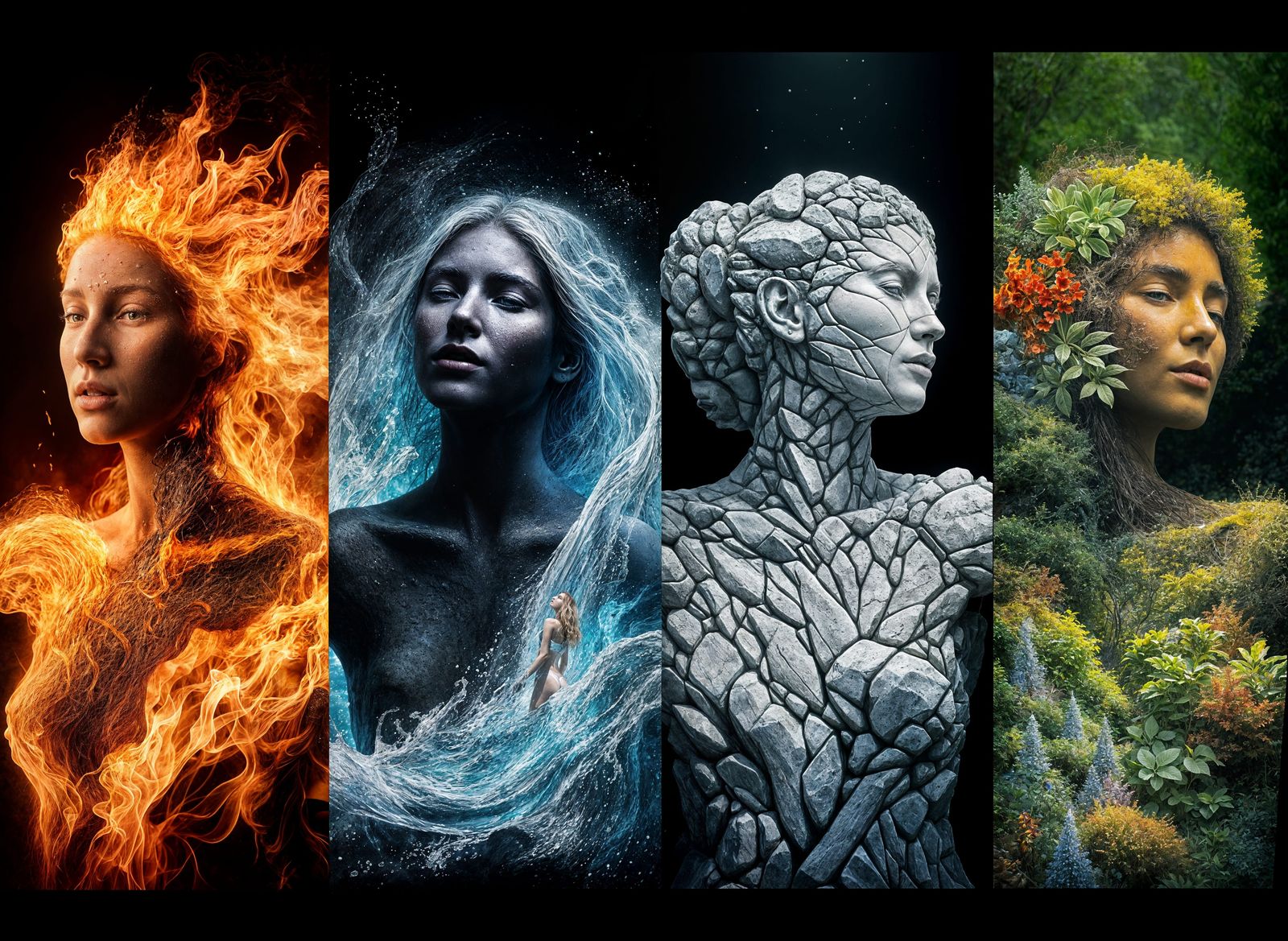 Women of the Elements: A Cinematic Scene of Fire, Water, Ear...