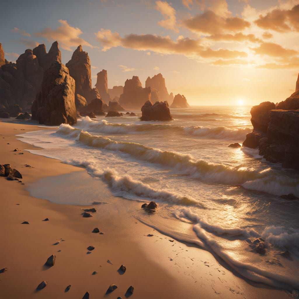 Golden Hour Beach Scene with Dramatic Depth