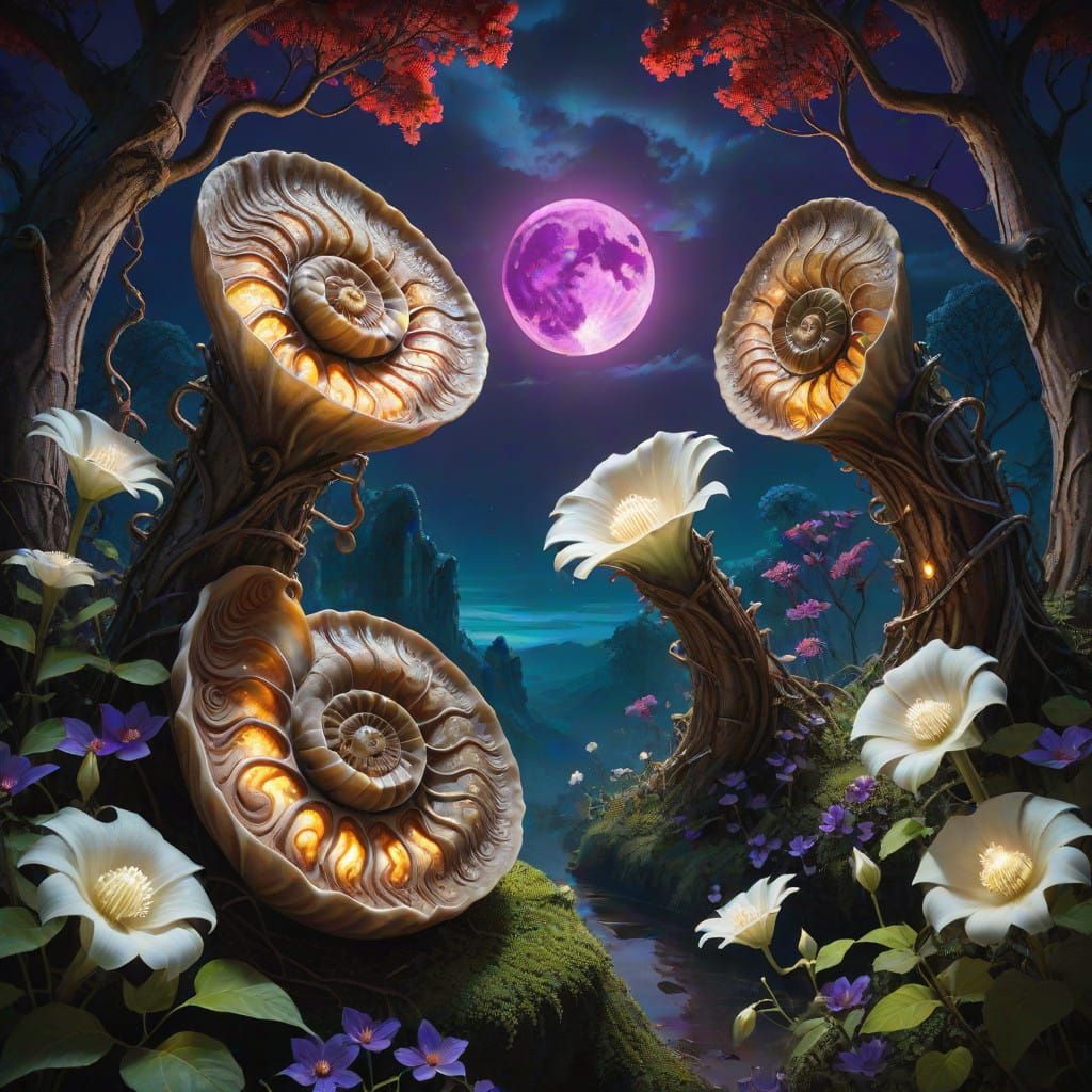 Surreal Autumn Night Scene with Blood Moon and Moonflowers