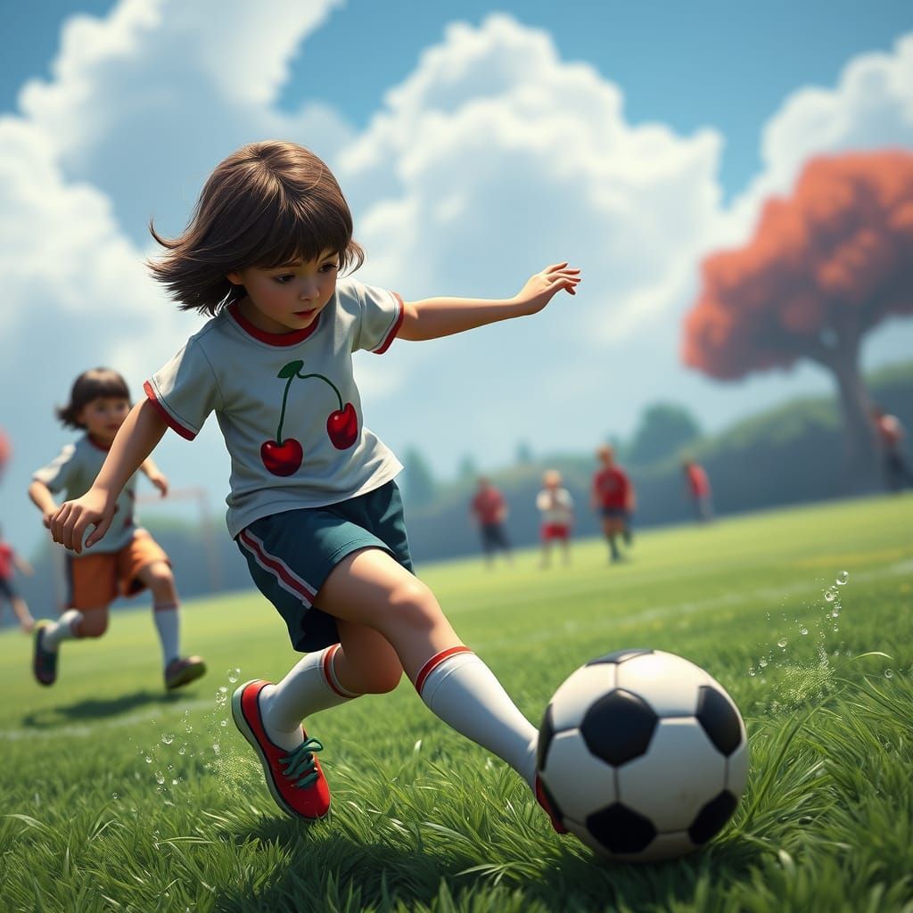 Girl Kicks Soccer Ball in Vibrant Cherry T-Shirt, Fantasy So...