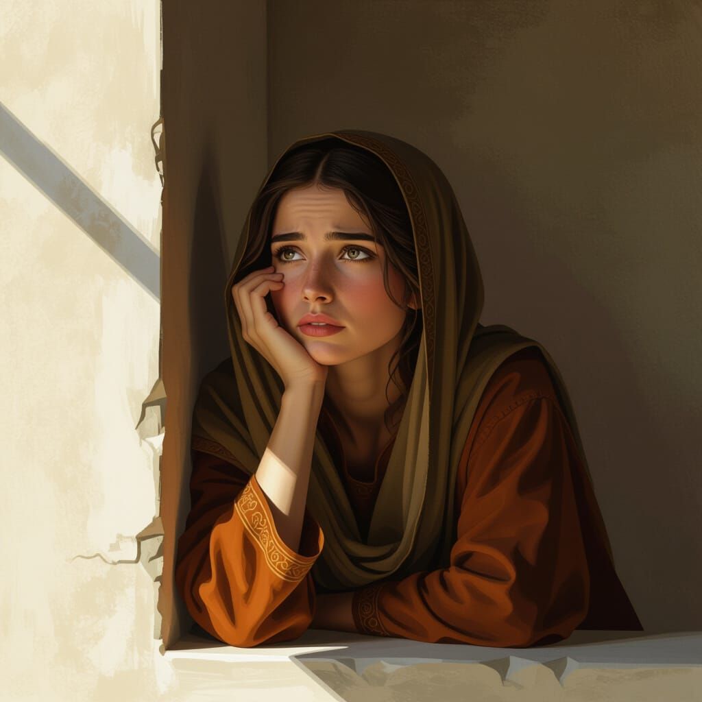 Lonely Woman Yearns for Connection in Ancient Style Art