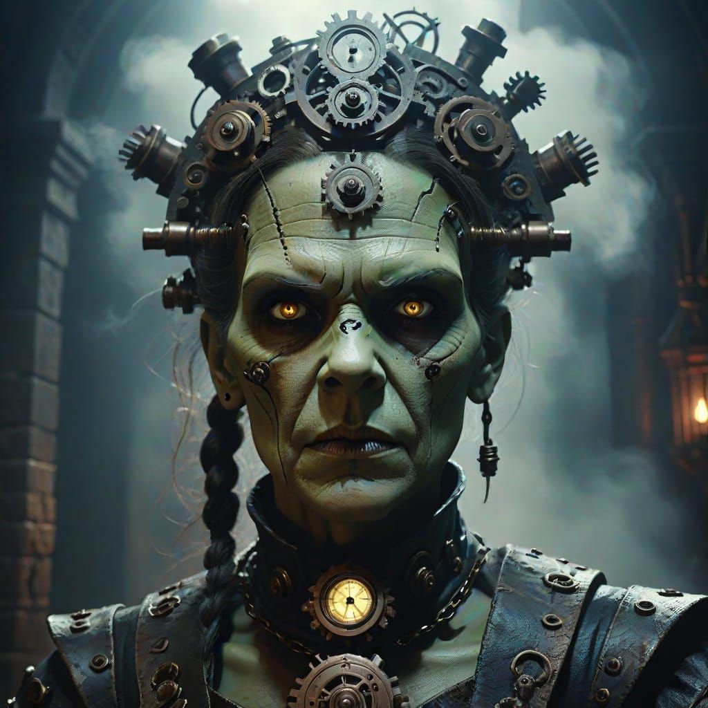 Steampunk Frankenstein in Haunted Castle with Lightning