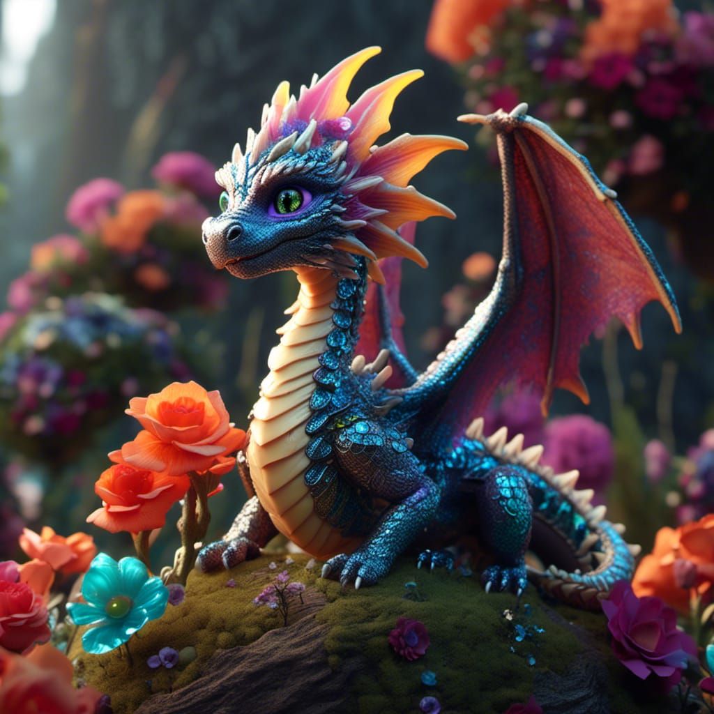 Iridescent Dragon Hatchling with Giant Flower in 3D